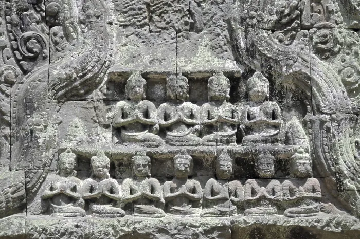 Framed Print : Relief of Buddha statues, ruins of the temple complex of Ta Prohm