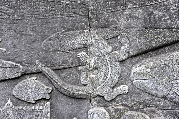 Framed Print : Relief, crocodile and fish, Bayon temple Framed Print : Relief, crocodile and fish, Bayon temple