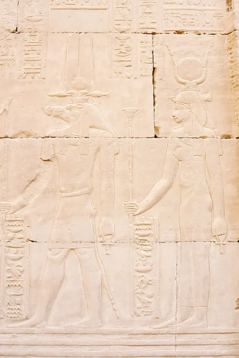 Framed Print : Relief of the crocodile god Sobek and the goddess Isis