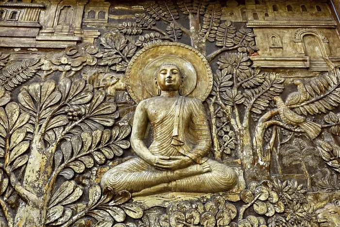 Framed Print : Relief depiction of Buddha in meditation surrounded by plants and architectural details Framed Print : Relief depiction of Buddha in meditation surrounded by plants and architectural details