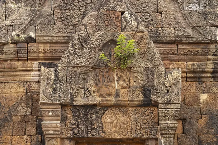 Framed Print : Relief with Shiva and Parvati on the bull Nandi above the false door of the mountain temple Wat Phu