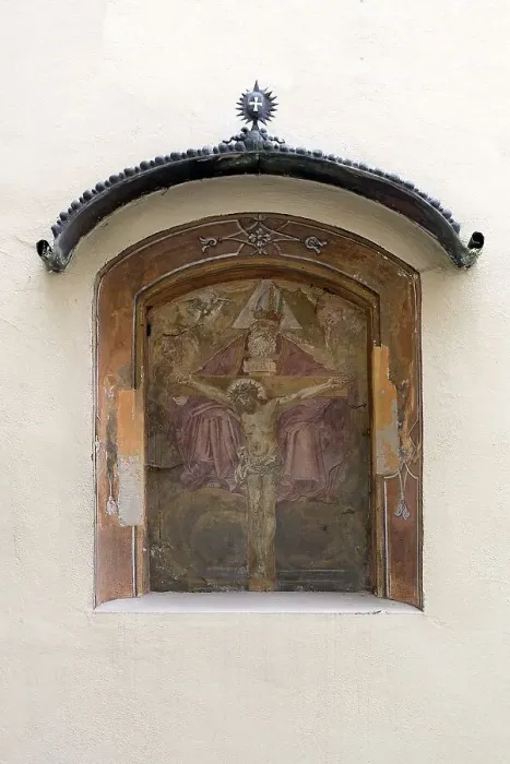 Framed Print : Religious oil fresco in a wall niche with canopy Framed Print : Religious oil fresco in a wall niche with canopy