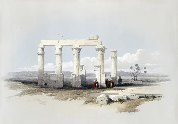 Framed Print : Remains of the Temple of Medamout in Thebes, Egypt, around 1850, Historical, digitally restored reproduction from a 19th century original, exact date unknown, AI generated, Africa