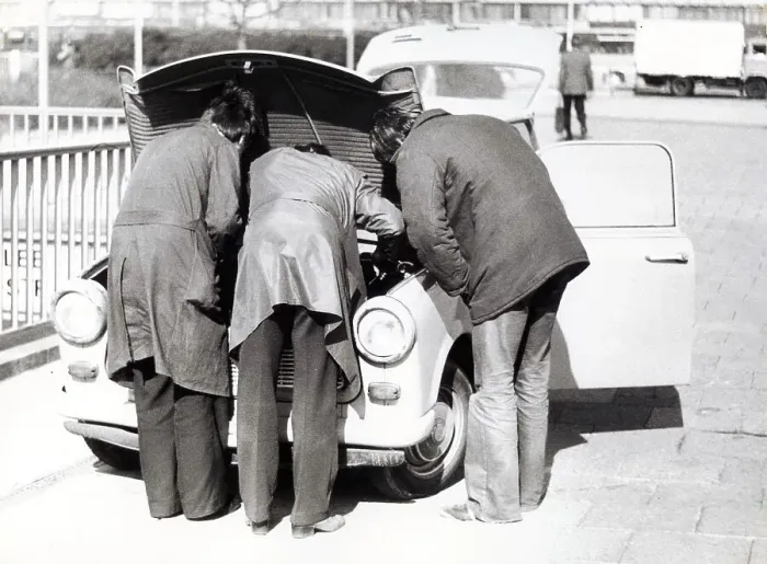 Framed Print : Three repair Trabbi, ca. 1980s Framed Print : Three repair Trabbi, ca. 1980s