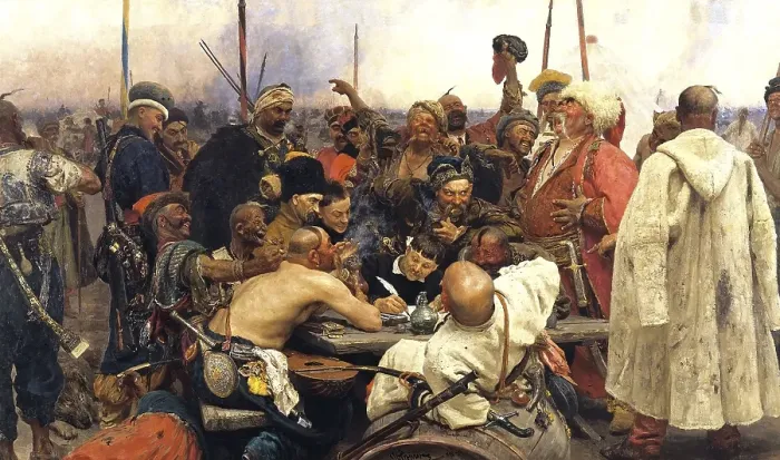Framed Print : Reply of the Zaporozhian Cossacks to Sultan Mehmed IV of the Ottoman Empire, 1880-91. Oil on canvas. Ilya Repin (1844-1930), Russian artist. Political and military power from the 16th century until its dissolution by Russia in the 18th century Framed Print : Reply of the Zaporozhian Cossacks to Sultan Mehmed IV of the Ottoman Empire, 1880-91. Oil on canvas. Ilya Repin (1844-1930), Russian artist. Political and military power from the 16th century until its dissolution by Russia in the 18th century