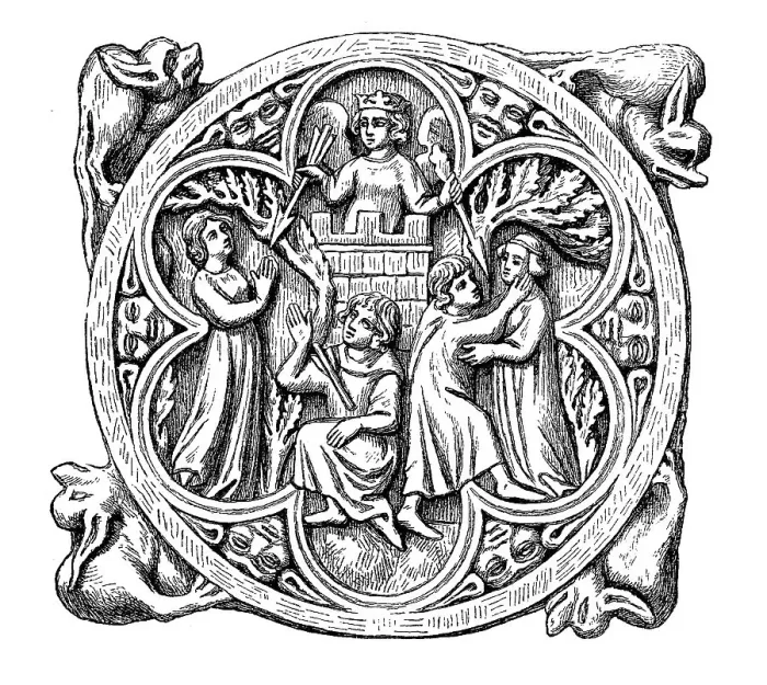 Framed Print : Representation of Frau Minne on an ivory-colored mirrored cube from the 13th to 14th centuries