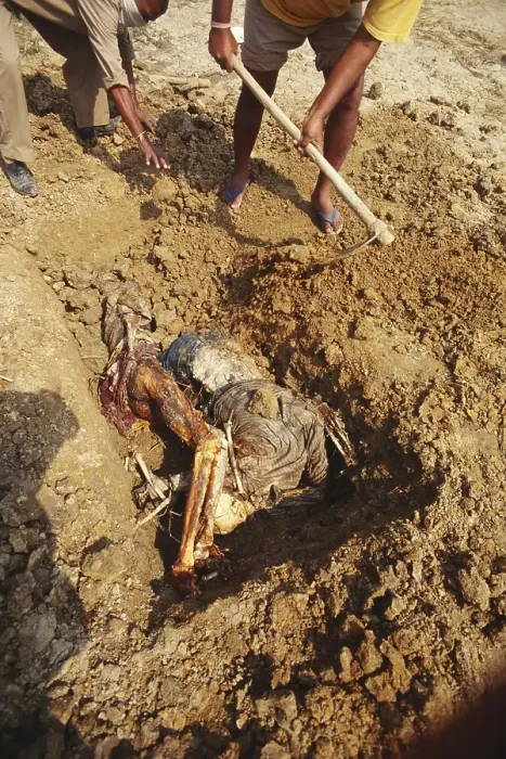 Framed Print : Rescue man buried dead body, Cyclone in Orissa, India November 1999