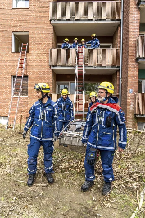 Framed Print : Rescue and recovery of people after a drone attack on residential buildings in a civil defence scenario