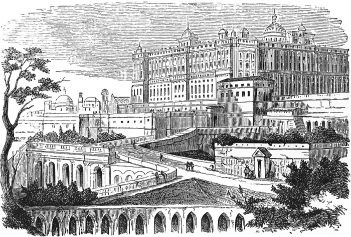 Framed Print : Residence of the King, Palacio Real, Royal Palace in the Spanish capital Madrid, architectural style baroque, high nobility, hill, wall, architecture, geography, Spain, historical illustration 1888, Europe
