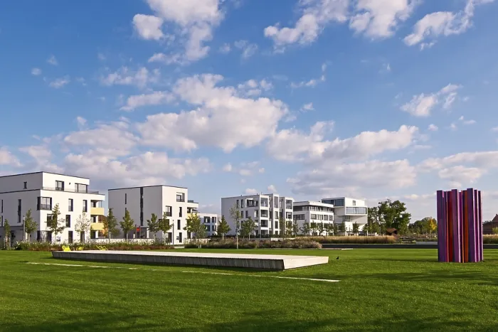 Framed Print : Residential neighbourhood with modern apartment blocks