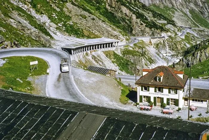Framed Print : Restaurant Schoellenen, St. Gotthard Pass road, Schoellenen Gorge, Andermatt, Switzerland, Europe 1950s, Europe