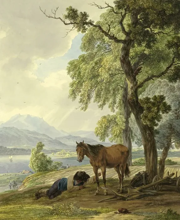 Framed Print : Resting Farmer with his Horse beside the Ploughed Field