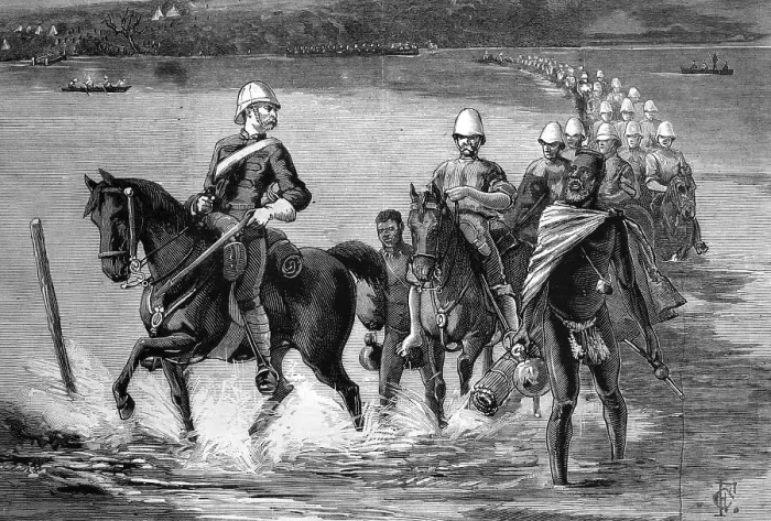 Framed Print : The restoration of Catewayo, the military escort crossing the Tugela River
