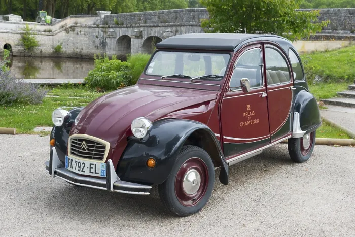 Framed Print : Retro Citroen 2CV vintage car in red and black Framed Print : Retro Citroen 2CV vintage car in red and black