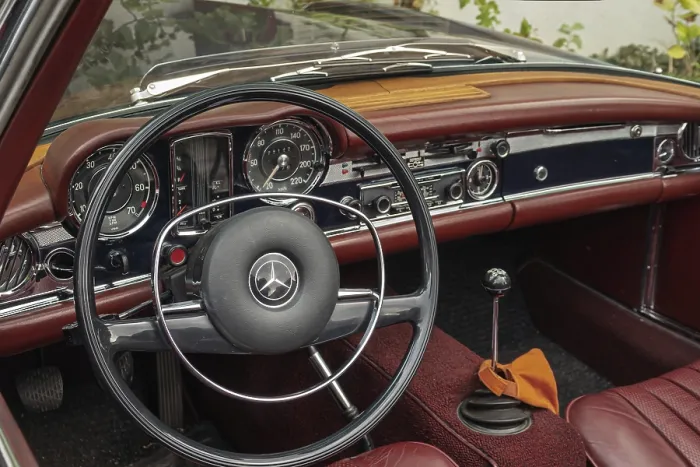 Framed Print : Retro interior of a Mercedes with leather and wood elements