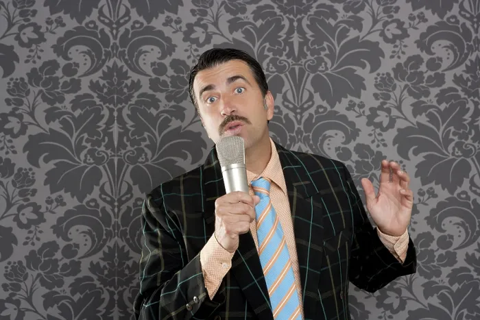 Framed Print : Retro mustache singer man tacky suit on vintage wallpaper background