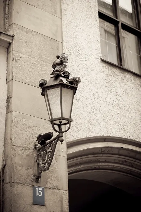 Framed Print : Retro style image of street lamp with doves on a wall Framed Print : Retro style image of street lamp with doves on a wall