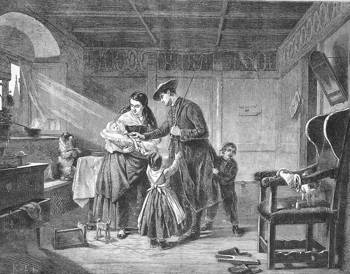 Framed Print : The Return Home, the father returns from a long journey and is greeted by the family