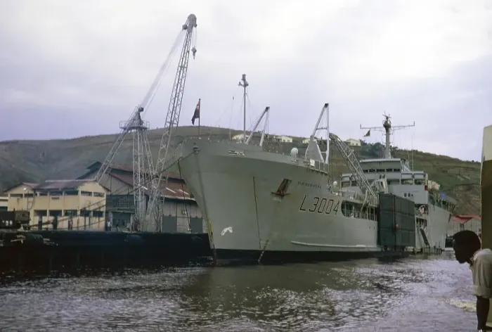 Framed Print : RFA Sir Bedivere landing ship L3004, Royal Navy, slide dated December 1972 note mexiflote modular dock system on side of ship Framed Print : RFA Sir Bedivere landing ship L3004, Royal Navy, slide dated December 1972 note mexiflote modular dock system on side of ship