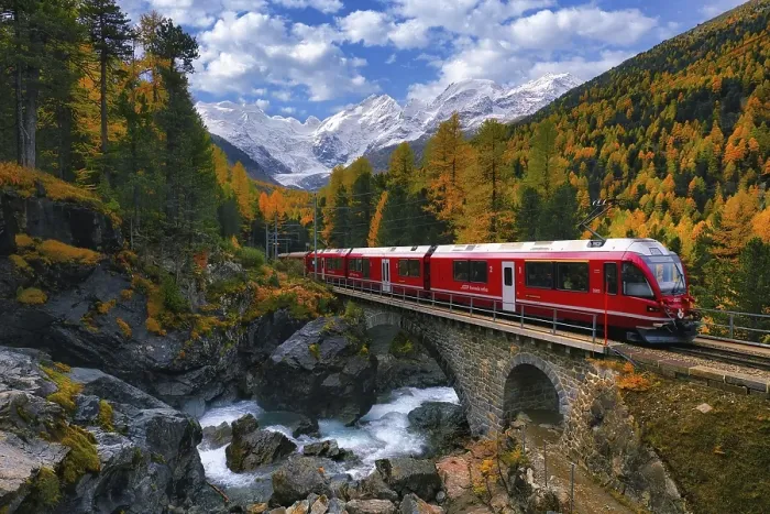 Framed Print : Rhaetian Railway RhB crossing a mountain stream over a stone bridge