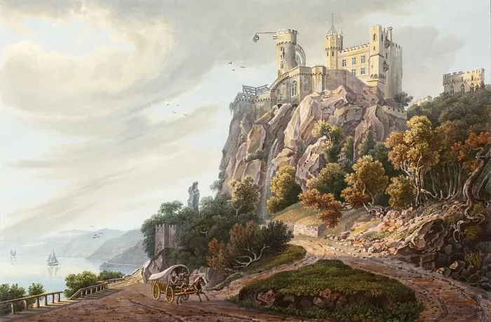 Framed Print : Rheinstein Castle, also known as Voitsberg Castle or Vaitzburg Castle, is a Spornburg in the upper Middle Rhine Valley in the municipality of Trechtingshausen in the district of Mainz-Bingen in Rhineland-Palatinate, Germany, view from around 1830