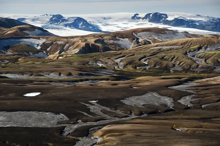 Framed Print : Rhyolite mountains covered with snow and ash on the Laugavegur hiking trail