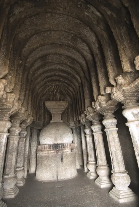 Framed Print : Richly carved stone stupa and pillars in Buddhist caves on mountain at Lenyadri Framed Print : Richly carved stone stupa and pillars in Buddhist caves on mountain at Lenyadri