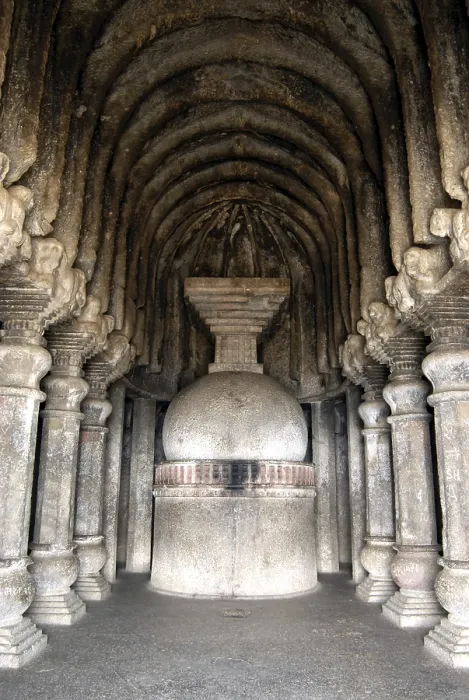 Framed Print : Richly stone carved stupa and pillars at Buddhist caves on mountain at Lenyadri