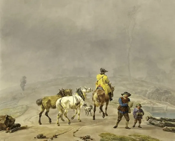 Framed Print : Riding Postillion with Two Hand Horses in a Wintry Landscape