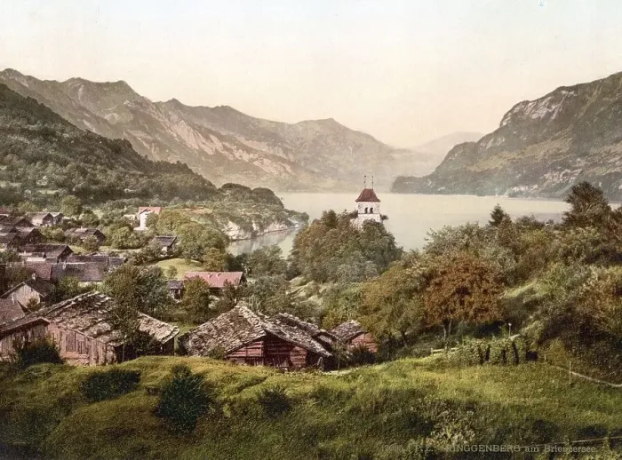 Framed Print : Ringgenberg und Lake Brienz, Bernese Oberland