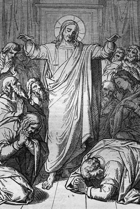Framed Print : The risen Jesus appearing to his disciples in the hall of Jerusalem