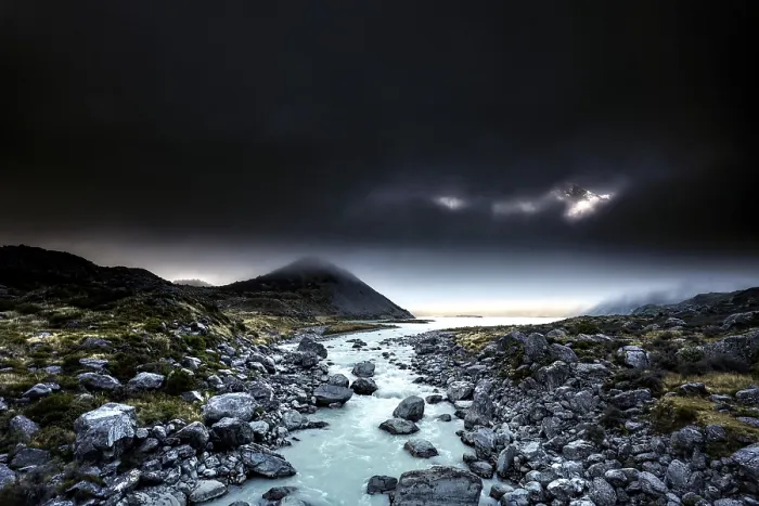 Framed Print : River course and rocky landscape under a dramatic sky in Hocker Valley
