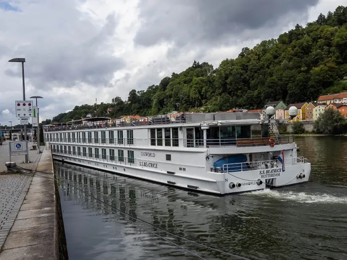 Framed Print : River cruise ship at the quay on the Danube