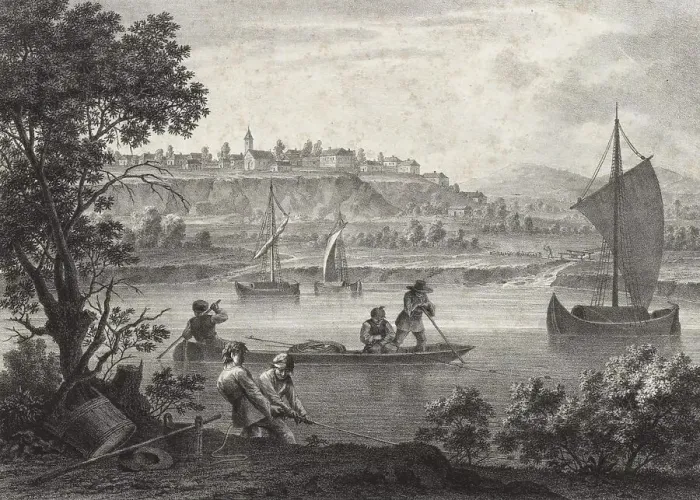Framed Print : The river Danube in Wallachia. Semnitza market Framed Print : The river Danube in Wallachia. Semnitza market