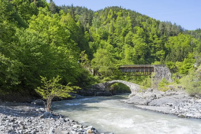 Framed Print : River flows under a car and stone bridge amidst green forests