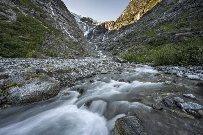 Framed Print : River and glacier tongue Kjenndalsbreen