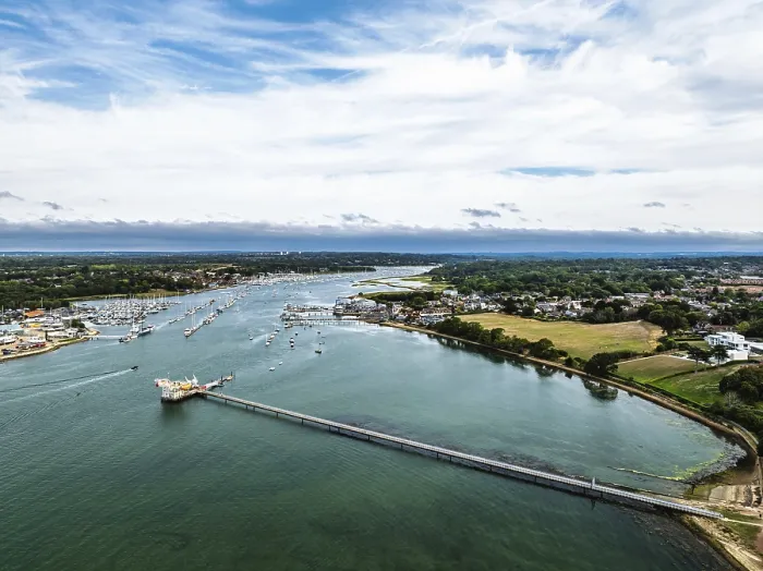 Framed Print : River Hamble over Warsash Maritime Academy Pier from drone