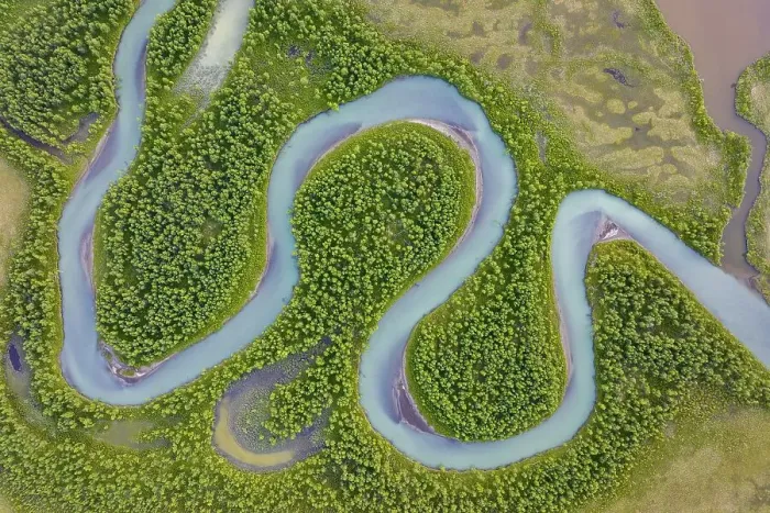 Framed Print : River landscape from the air, close-up