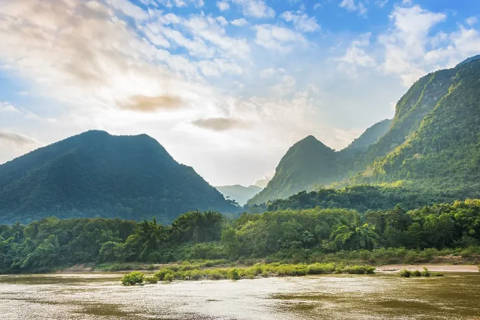 Framed Print : River landscape with karst mountains