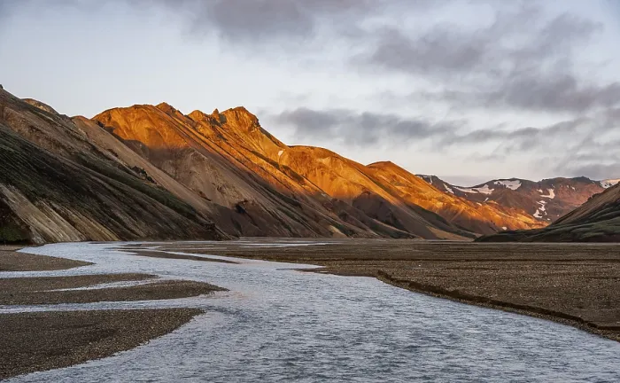 Framed Print : River in front of landscape at Landmannalaugar