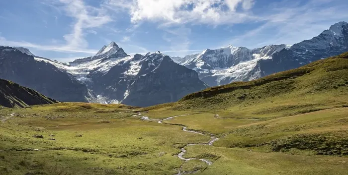 Framed Print : River meanders, behind snow-covered Schreckhorn and Eiger Framed Print : River meanders, behind snow-covered Schreckhorn and Eiger