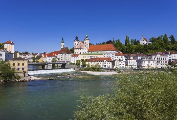Framed Print : River mouth of the Steyr into the Enns with Burgerspitalskirche and Michaelerkirche Framed Print : River mouth of the Steyr into the Enns with Burgerspitalskirche and Michaelerkirche