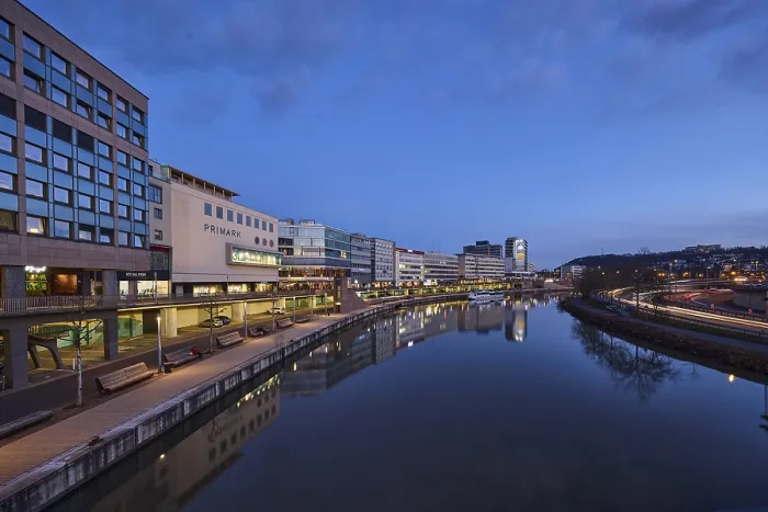 Framed Print : River Saar, modern architecture Framed Print : River Saar, modern architecture