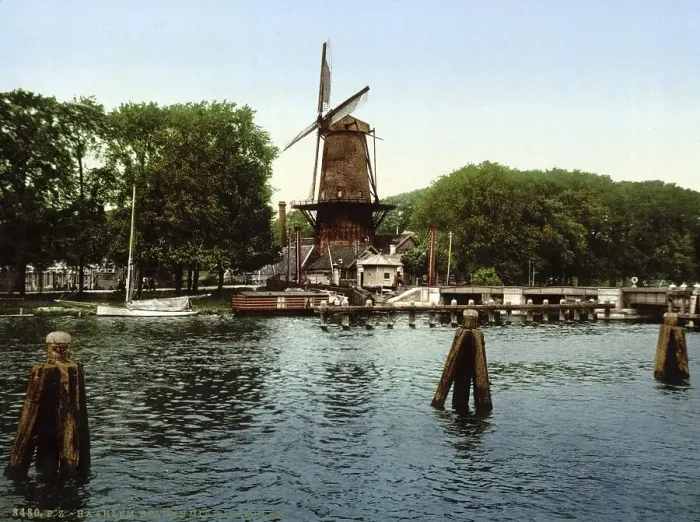 Framed Print : River Spaarne and windmill, Haarlem