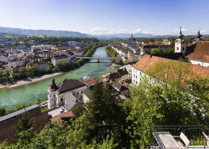 Framed Print : River Steyr, view from Taborberg to St Michael's Church and old town Framed Print : River Steyr, view from Taborberg to St Michael's Church and old town