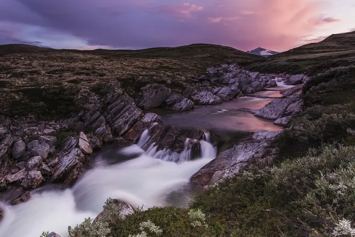 Framed Print : River Stropla after sunset, Snohetta mountain behind