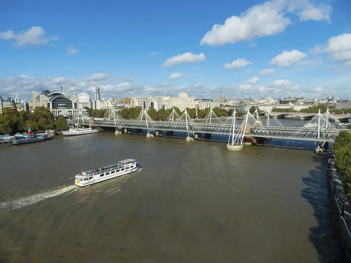Framed Print : River Thames, boat, Hungerford Bridge