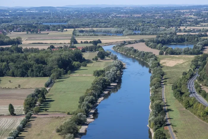 Framed Print : The river weser in germany seen from the top of a mountain