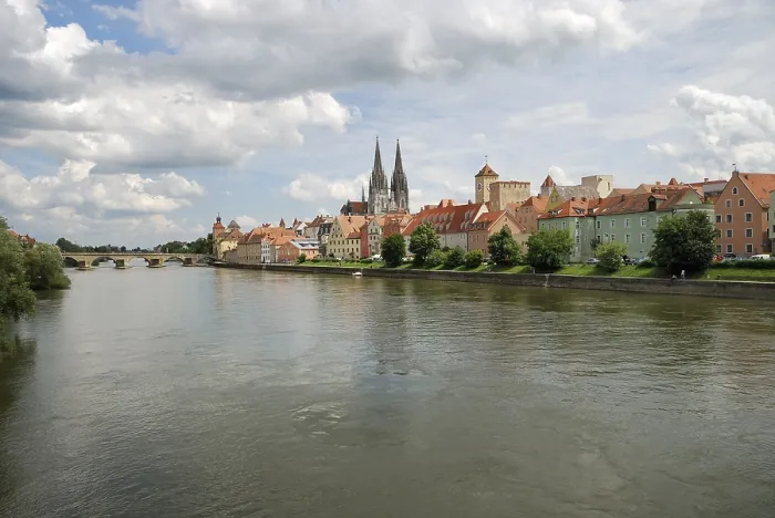 Framed Print : Riverside of the Danube river in Regensburg Germany