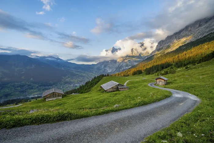 Framed Print : Road, alpine huts and alpine meadows Framed Print : Road, alpine huts and alpine meadows